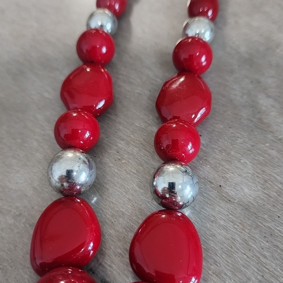 Radiant Red Beaded Statement Necklace with Silver Accents and Large Pendant - Picture 6 of 8